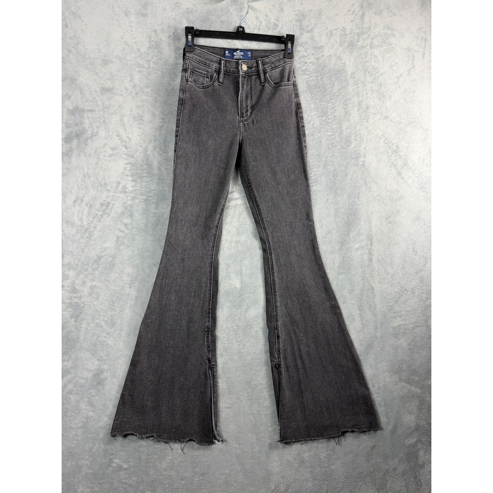 Hollister Womens 0R Black Flare Jeans High Rise Raw Hem Slit Y2K Boho Stretch